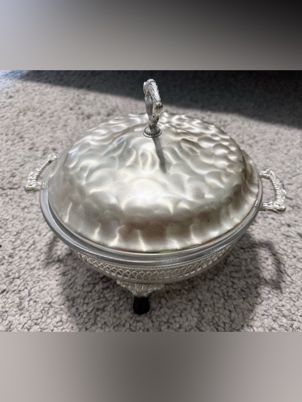 Vintage Silver-Tone Hammered Serving Dish with Lid